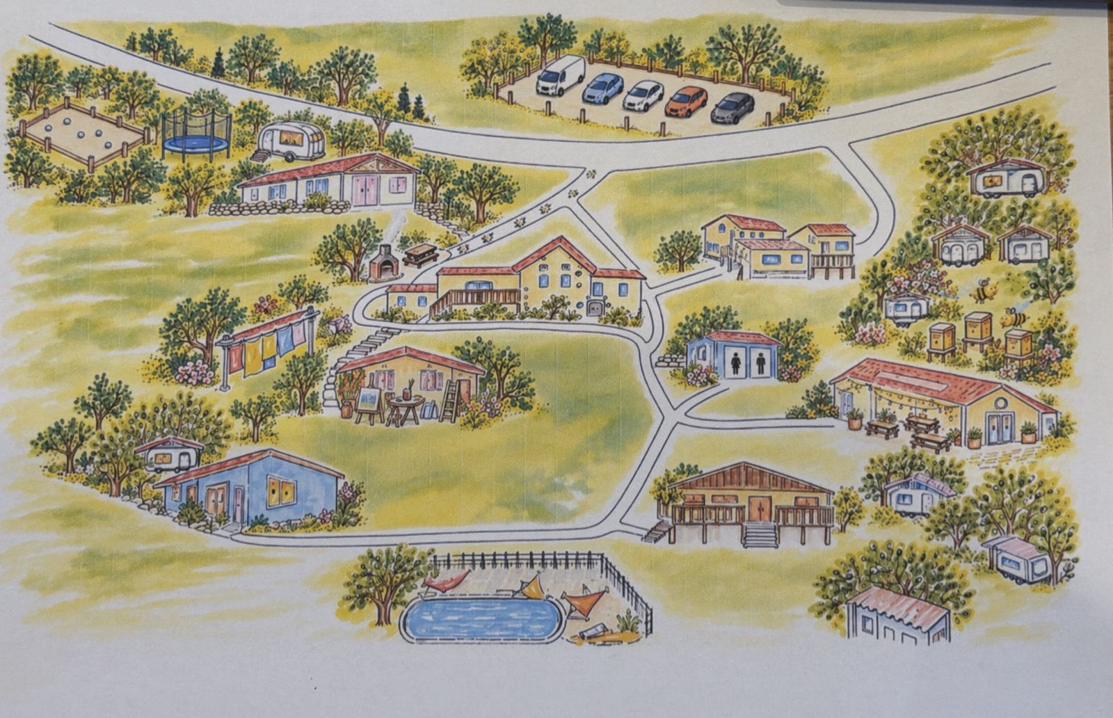 Plan dessiné du hameau de Marelles : la route et le parking en haut, la Grande Maison au centre, la piscine en bas, les ruches et les caravanes à droite.